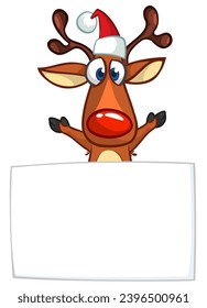 Cartoon funny red nose reindeer holding a blank paper board for Christmas or New Year greetings. Christmas illustration. Vector isolated.