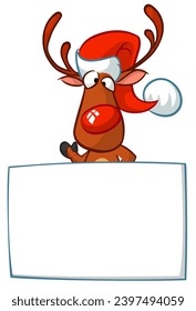 Cartoon funny red nose reindeer holding a blank paper board for Christmas or New Year greetings. Christmas illustration. Vector isolated.