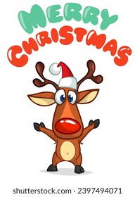 Cartoon funny red nose reindeer Christmas or New Year greetings. Christmas illustration. Vector isolated