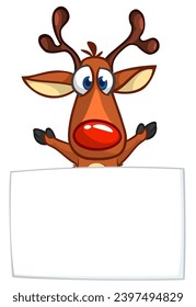 Cartoon funny red nose reindeer holding a blank paper board for Christmas or New Year greetings. Christmas illustration. Vector isolated.