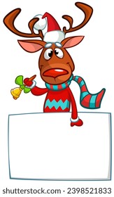 Cartoon funny red nose reindeer holding a blank paper board for Christmas or New Year greetings. Christmas illustration. Vector isolated.