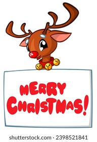 Cartoon funny red nose reindeer holding a blank paper board for Christmas or New Year greetings. Christmas illustration. Vector isolated.