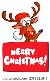 Cartoon funny red nose reindeer holding a blank paper board for Christmas or New Year greetings. Christmas illustration. Vector isolated.