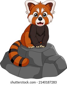 Cartoon Funny Red Panda On The Rock