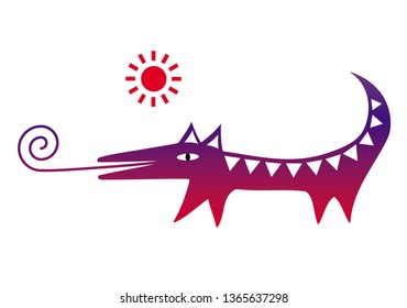 Cartoon funny redand purple dog with a long tail and tongue and sun. Vector graphics.