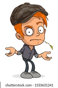 Cartoon funny redhead hooligan boy character with cap and bruise. Layered EPS ready for animations. Isolated on white background. Vector icon.