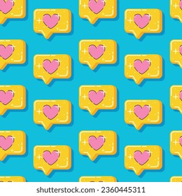 Cartoon funny retro bubble speech with a heart. Vector cartoon seamless pattern, 90s pop style.