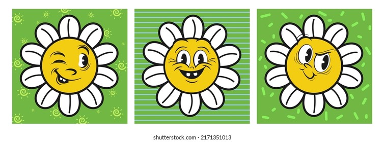 Caricatura graciosos personajes de camomila retro, pegatinas cuadradas, emociones con caras graciosas. Conjunto vectorial de formas abstractas de historietas para afiches, postales, banner