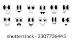 Cartoon funny retro character faces set. Comic 30s vintage faces with expressive eyes and playful mouths. Emoticons featuring a range of happy and sad emotions. Minimalistic faces on white background.