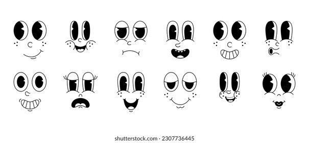 Cartoon funny retro character faces set. Comic 30s vintage faces with expressive eyes and playful mouths. Emoticons featuring a range of happy and sad emotions. Minimalistic faces on white background.