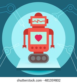 Cartoon funny retro robots in vintage hipster style. Vector illustration.