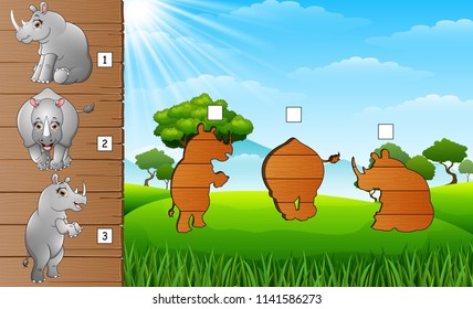 Cartoon funny rhino collection set. Find the correct shadow on board. Educational game for children