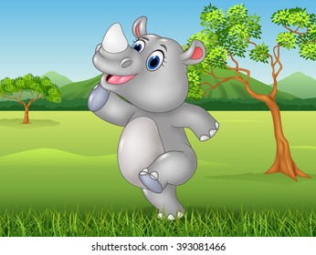 Cartoon funny rhino posing in the jungle