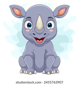 Cartoon funny rhino sitting on white background