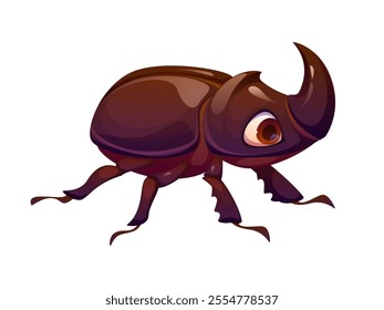 Cartoon funny rhinoceros beetle insect character with large eyes, horn and a glossy exoskeleton in shades of brown. Isolated vector Hercules beetle species, harmless robust bug, adorable personage