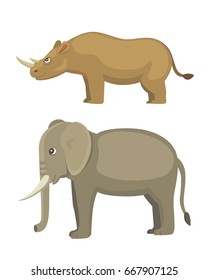 Cartoon funny rhinoceros and elephant, Isolated on white background