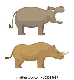 Cartoon funny rhinoceros and hippo vector illustration