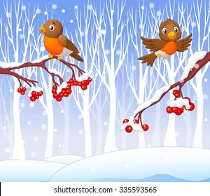 Cartoon funny robin bird on the cherry tree