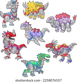 cartoon funny robot dinosaurs, set of images