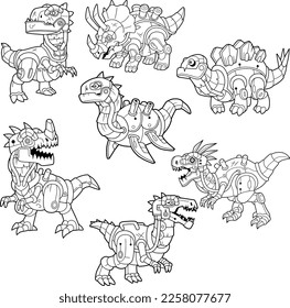 cartoon funny robot dinosaurs, set of images