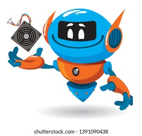 cartoon funny robot holding a computer power supply vector illustration