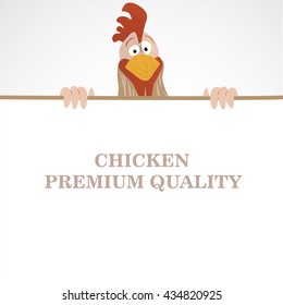 Cartoon funny rooster looking out from empty banner