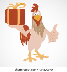 Cartoon funny rooster with thump up holding gift box