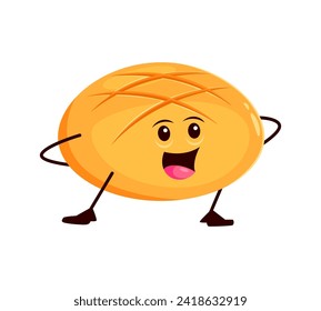 Cartoon funny round bread and bakery character. Isolated vector jolly, golden-brown and crusty personage with smiling face, radiates warmth and fun. Homemade tasty, freshly baked doughy food