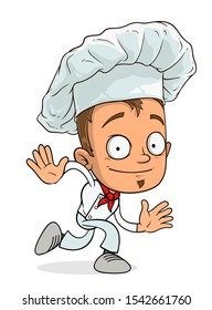 Cartoon funny running chef cook boy character in uniform and hat. Layered vector for animations. Isolated on white background. Vector icon.