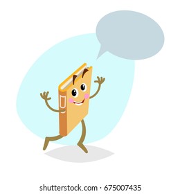 Cartoon funny running orange book mascot on round background. Dummy speech bubble. Wide smile character. Education and school vector illustration icon.