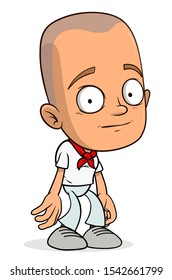 Cartoon funny sad bald cook boy character in white uniform with red tie. Layered vector for animations. Isolated on white background. Vector icon.