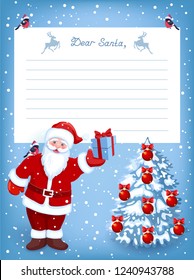 Cartoon funny Santa Claus with gift box and layout letter with list wish to Santa Claus and fir tree with christmas balls 