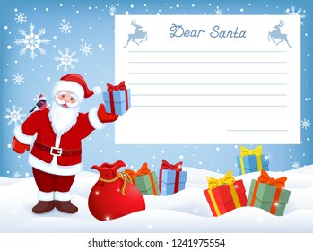 Cartoon funny Santa Claus with gift box and layout letter with list wish to Santa Claus and many gift boxes lying on snow