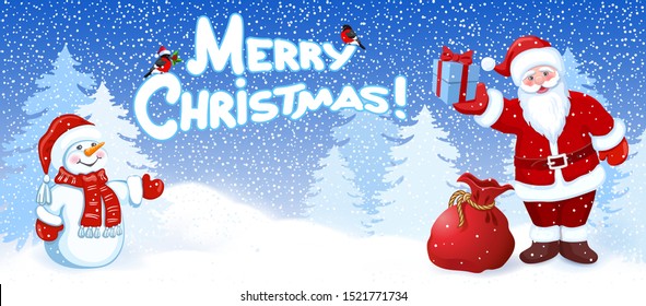 Cartoon funny Santa Claus with gift box and Snowman on background of Christmas snowfall in forest and inscription "Merry Christmas".  New Year or Christmas vector illustration