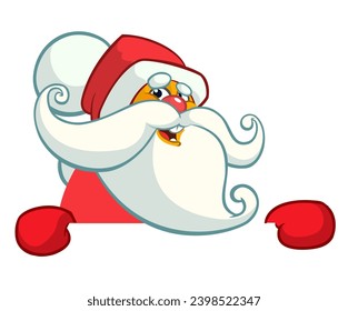 Cartoon funny Santa Claus holding a blank paper board for Christmas or New Year greetings