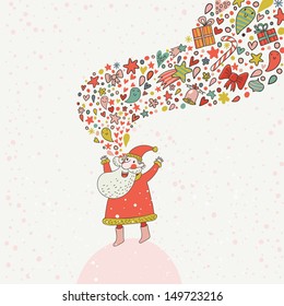 Cartoon funny Santa Claus on concept vector card. Stylish holiday background in bright colors. Childish Santa with fantasy burst made of hearts, stars, gifts and other holiday elements
