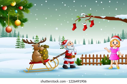 Cartoon funny santa claus pulling reindeer on a sleigh with sack of gifts and the girl