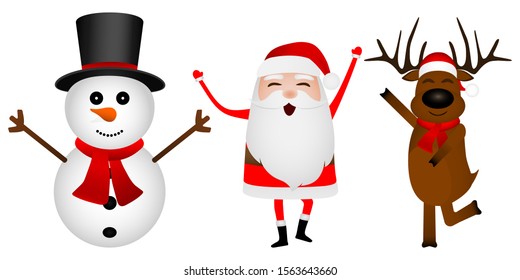 Cartoon funny santa claus, reindeer and snowman dancing isolated on white