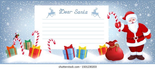 Cartoon funny Santa Claus with striped candy and layout letter with list wish to Santa Claus and many gift boxes lying on snow