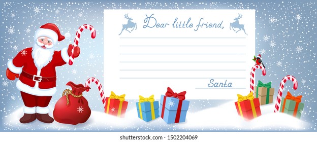 Cartoon funny Santa Claus with striped candy and layout letter with inscription 