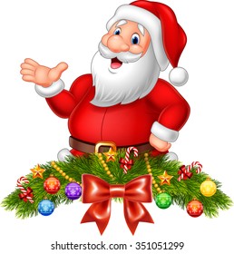 Cartoon funny Santa Claus waving hand with Christmas decoration