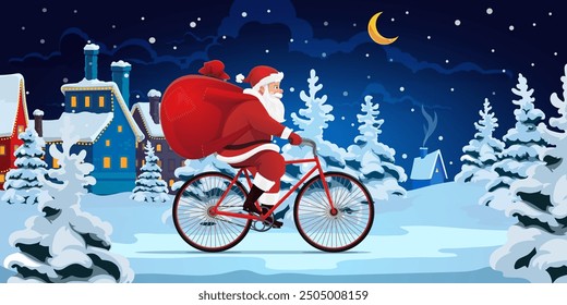 Cartoon funny Santa on bicycle through a snowy landscape at Christmas night, carrying a large bag of gifts, with snow-covered houses and trees in the background under a starry sky, whimsical scene