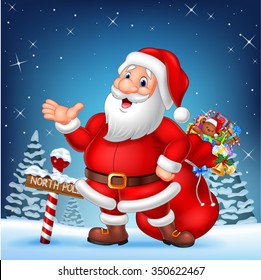 Cartoon funny Santa presenting with a north pole wooden sign