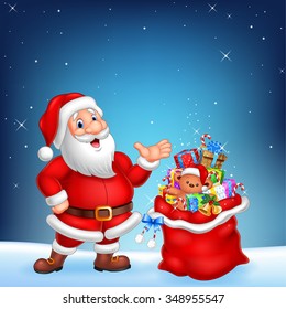 Cartoon funny Santa with sack on a night sky background