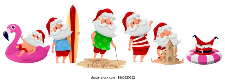 Cartoon funny Santa at the sea. Santa cartoon characters with different emotions and items. Merry Christmas greeting. Funny Santa Claus having a rest on a beach. Vector illustration