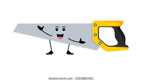 Cartoon funny saw diy, building and repair tool character. Isolated vector whimsical carpentry instrument with a mischievous grin, ready for some lively adventures, adding humor to any toolbox tale