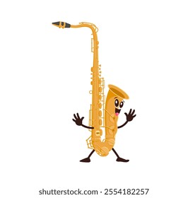 Cartoon funny saxophone musical instrument character. Isolated vector cute brass pipe or sax personage with keys and a curved neck, capturing a sense of rhythm and jazz with happy smiling face