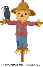 Cartoon Funny Scarecrow With Crow Bird