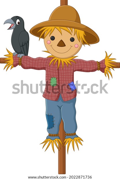 Cartoon funny scarecrow
with crow bird