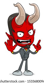 Cartoon funny scary standing red devil boy character with horns. Layered EPS ready for animations. Isolated on white background. Halloween Vector icon.